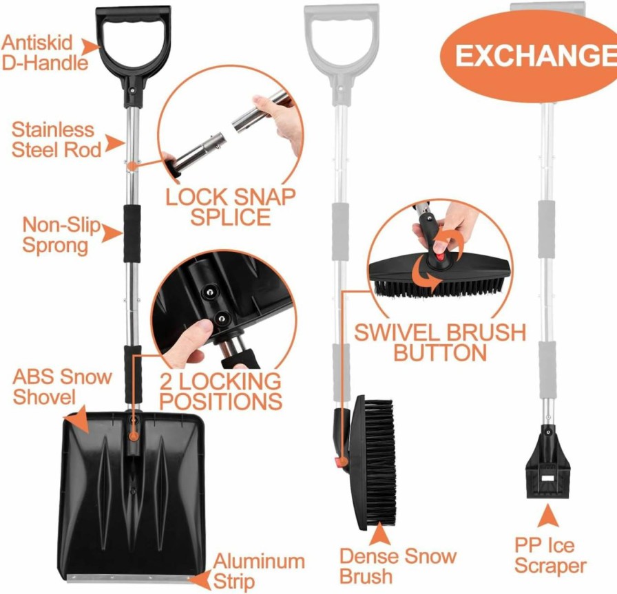 Snow Removal Tools OCGIG | Ocgig 3-In-1 Portable Snow Shovel Kit With Ice Scraper And Snow Brush, Emergency Collapsible Design Snow Remover Set For Garden, Camping, Car, Trucks And Other Outdoor Activities