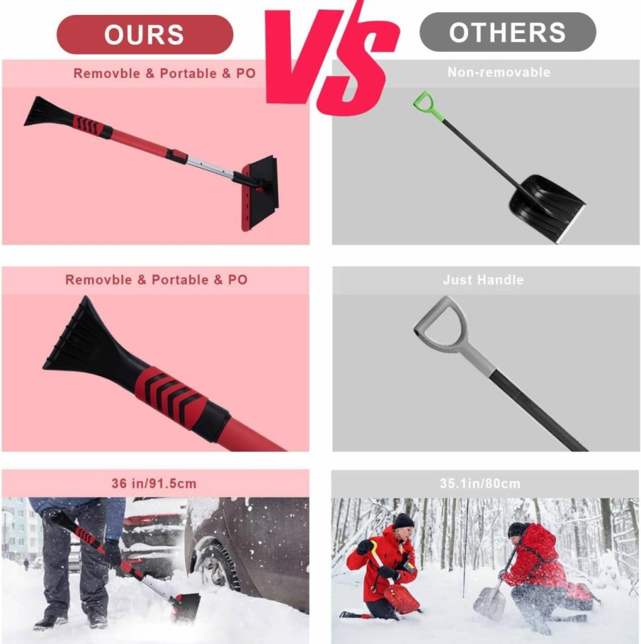 Snow Removal Tools COSYONALL | Outlet Detachable Snow Shovel, Portable Car Snow Shovel With 36"Extendable Handle, Parallel Rotating Snow Removal, Squeegee For Car, Snowmobiles, Atv Winter Survival Gear For Camping