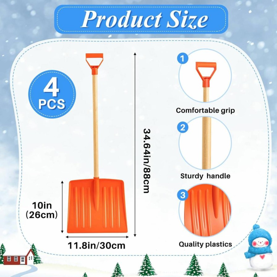 Snow Removal Tools Gisafai | Gisafai 4 Pcs Winter Kids Snow Shovel Plastic Shovel Portable Shovel With D Grip Wooden Handle For Truck Camping Driveway Garage Snow Removal Accessory, 35 X 12 Inch