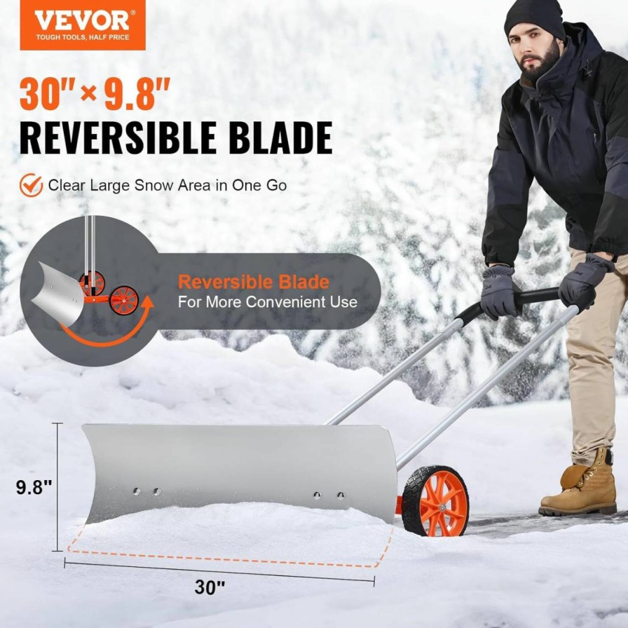 Snow Removal Tools VEVOR | Vevor Metal Snow Pusher Shovel For Driveway With Wheels, 30 Inch Bi-Directional Heavy Duty Rolling Snow Pusher On Wheels, Back Saver Wheeled Snow Shovels For Snow Removal For Doorway Sidewalk Deck