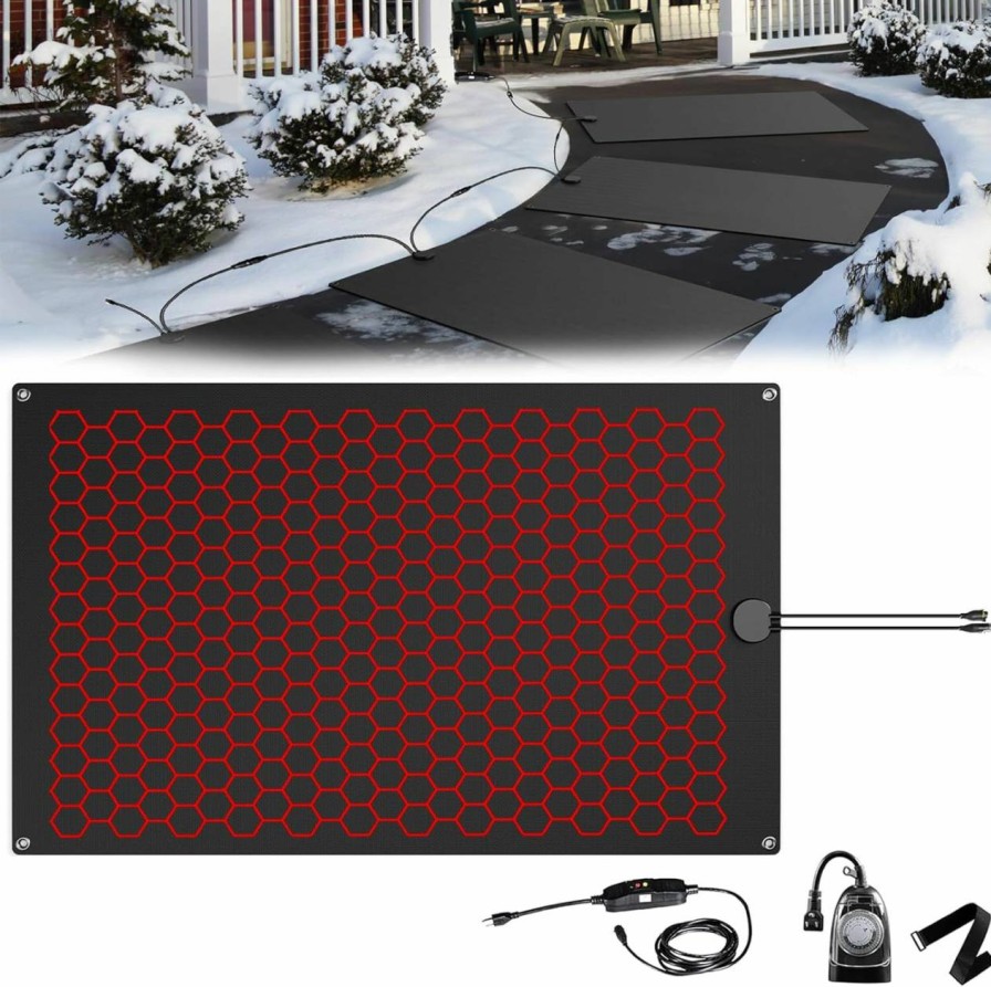 Snow Removal Tools Miveda | Miveda Snow Melting Mats, Thickened Non-Slip Rubber Heated Outdoor Mats With 11 Ft Power Cord And Outlet Timer, Thermostatic Snow Melting Mats Outdoor For Driveway Stairs Steps Walkways , Black, 20*60