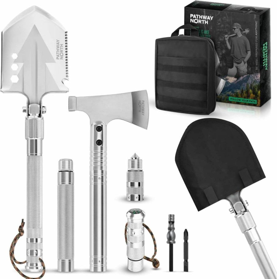 Snow Removal Tools PATHWAY NORTH | Pathway North Survival Shovel And Camping Axe Stainless Steel Tactical, Survival Multi-Tool And Survival Hatchet Equipment For Outdoor Hiking Camping Gear, Hunting, Backpacking Emergency Kit(Black)