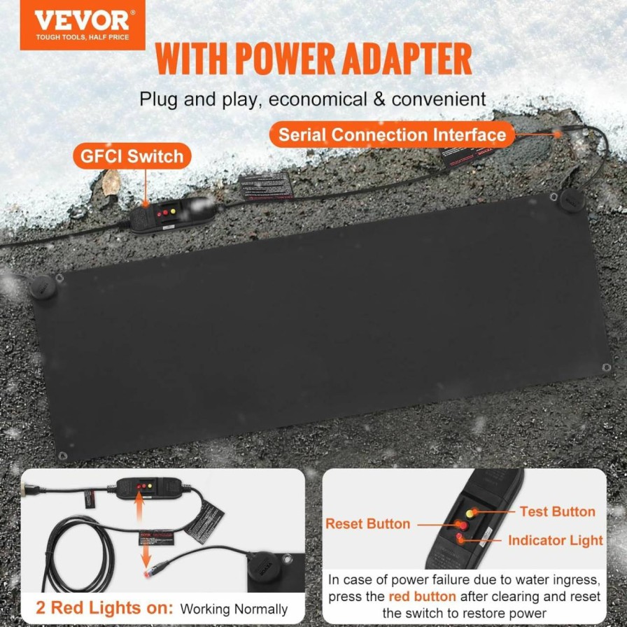 Snow Removal Tools VEVOR | Vevor Heated Snow Melting Mat, 20X60'' Non-Slip Electric Heated Outdoor Mats, Rubber Snow And Ice Heated Pad With Power Cord & Graphene Heating, For Outdoor Stairs, Sidewalks, Garages, Decks, Walkways