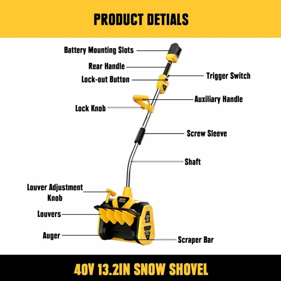 Snow Removal Tools FORDWALT | Mellif 40V Cordless Snow Shovel For Dewalt 20V Max Battery, Brushless Electric Power Snow Thrower, Handheld Snow Blower With 13.2\" In. Width 8\" In. Depth, 26.5' Ft Throwing Distance (No Battery)