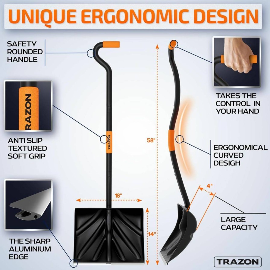 Snow Removal Tools Trazon | Snow Shovel Heavy Duty For Driveway With Ergonomic Handle To Use Without Backpain For Home Garage Car - Snow Shovel With 18 Inch Blade Large Capacity And 150 Inch Long Ergonomic Handle (Black)