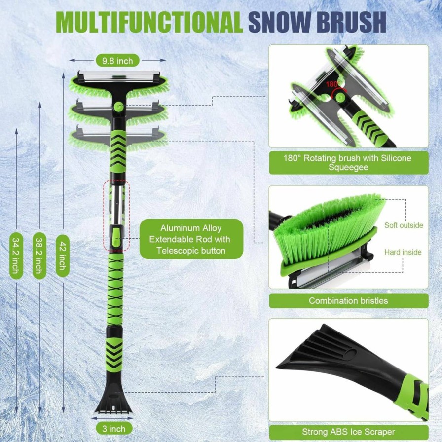 Snow Removal Tools Umigy | Umigy 3 Pack Ice Scraper And Snow Brush Extendable 4 In 1 Emergency Car Snow Shovel Detachable Adjustable 3 Length Settings 180 Pivoting Snow Brush With Squeegee For Car Suv Truck Vehicle, Green