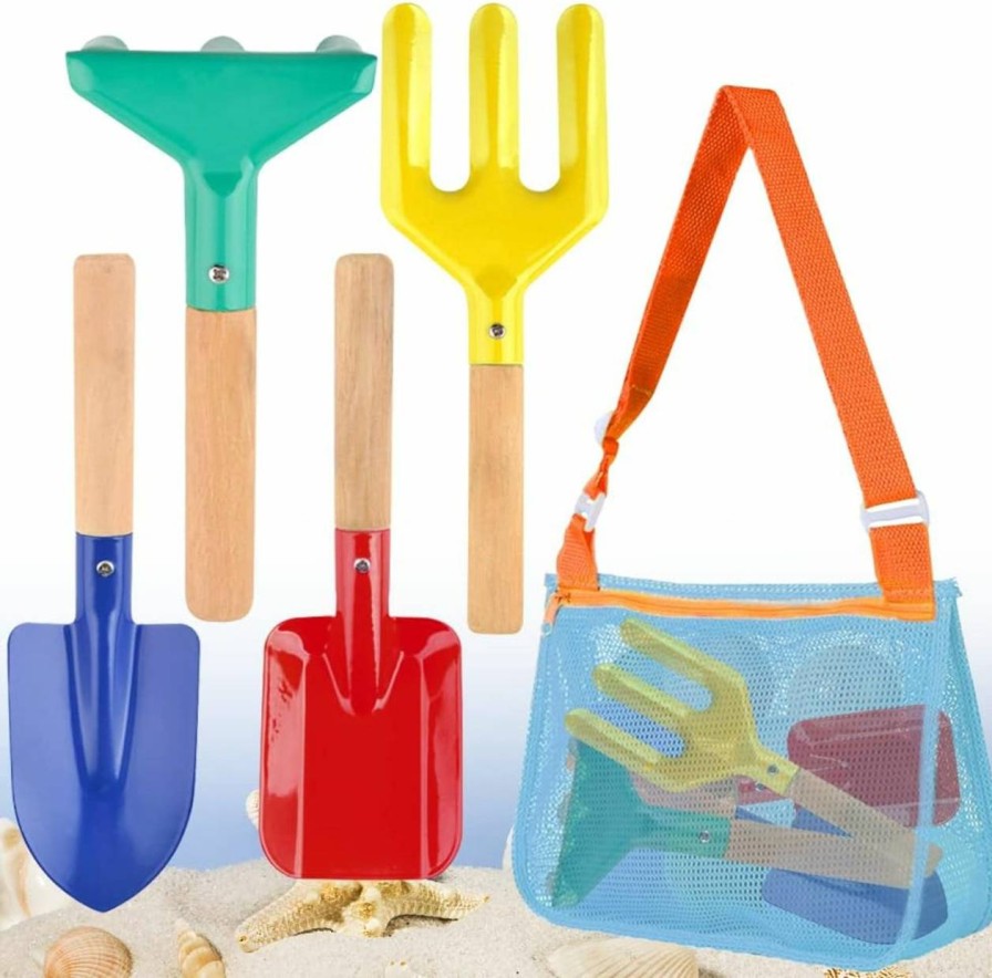 Snow Removal Tools PLACHIDAY | Plachiday Beach Toys For Kids, 4 Pcs 8'' Sand Toys Set Metal Garden Tools With Sturdy Wooden Handle, Mesh Beach Bag (Blue),Gardening Equipment Fork, Rake, Flat Shovel & Pointed Shovel