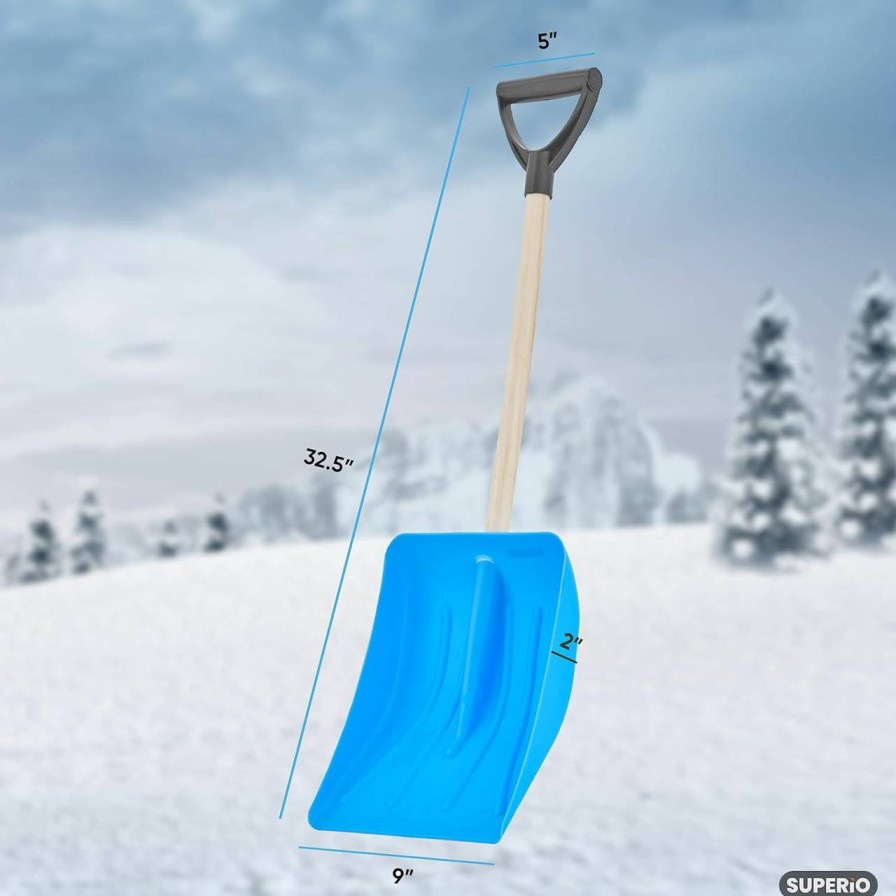 Snow Removal Tools Superio | Superio Small Snow Shovel For Car Portable Snow Shovel For Driveway Snow Removal Compact Scooper Shovel Snow Pusher For Stairs 9\" Heavy Duty Plastic Blade With Wood Handle 34\" (2, Blue)