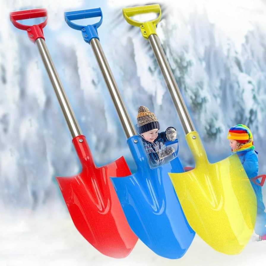 Snow Removal Tools Frebuta | Frebuta Snow Shovels For Kids 3Pc,28Inch Beach Sand Shovels Toys For Digging Heavy Duty Stainless Steels With D-Grip Handle Sturdy Scoop Seaside Kids Tool Lightweight Gift Set(Blue Red Yellow)