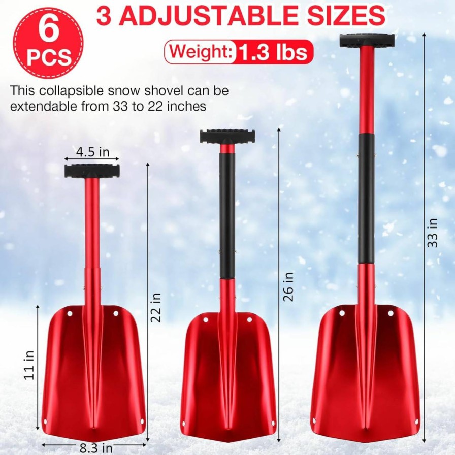 Snow Removal Tools Lasnten | Lasnten 6 Pcs Folding Snow Shovel For Car 33\" Portable Telescopic Snow Scoop Aluminum Extended Edition Snow Shovel Sand Mud Snow Removal Tool For Camping, Skiing, Snowmobiles, Snow Camping (Red)