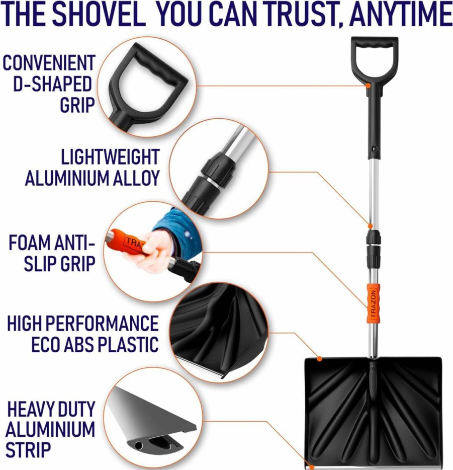 Snow Removal Tools Trazon | Snow Shovel For Driveway Car Home Garage - Portable Folding Snow Shovel With Retractable Ergonomical Handle And Large Capacity For Snow Removal - Heavy Duty Metal Collapsible Shovel Removal (Black)