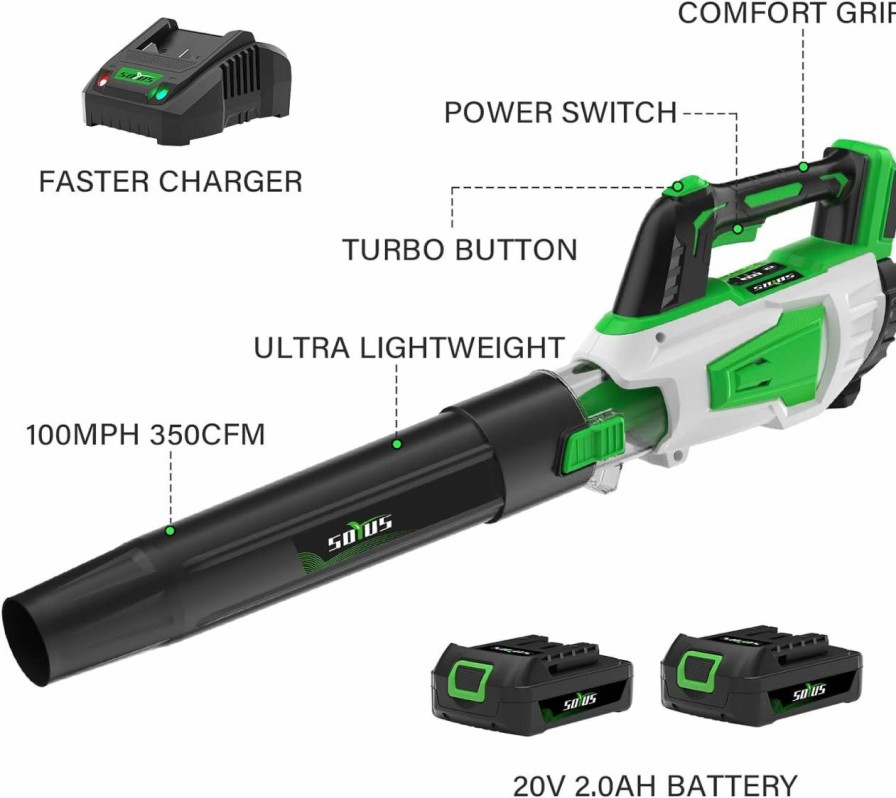 Snow Removal Tools SOYUS | Leaf Blower Cordless Battery And Charger Soyus 20V Blowers For Lawn Care 350Cfm Leaf Blower Battery Operated For Leaf Blowing Debris Dust Cleaning Snow Blower 2Pcs 2.0Ah Batteries Included Green