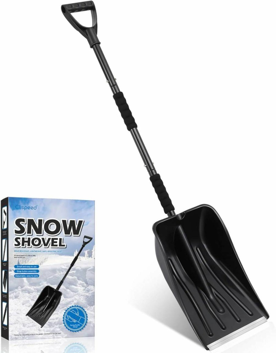 Snow Removal Tools CLISPEED | Clispeed Portable Snow Shovel With D-Grip Handle For Car Truck Camping And Other Outdoor Activities (Black)