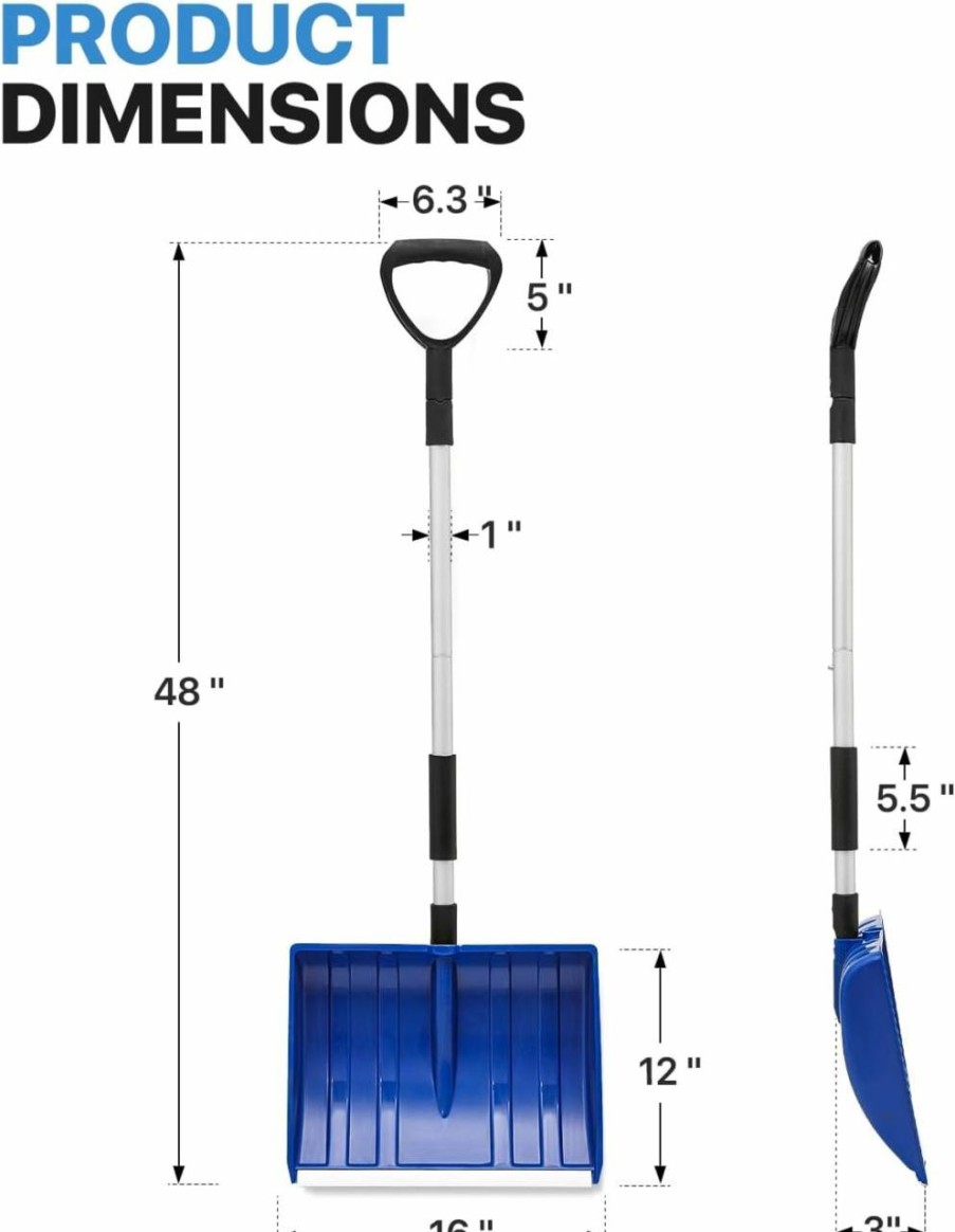 Snow Removal Tools MoNiBloom | Monibloom Snow Shovel 16 Inch X 12 Inch Blade With Aluminum Edge, 48 Inch Detachable D-Grip Handle, Wide Snow Shovel For Doorway Sidewalk And Deck