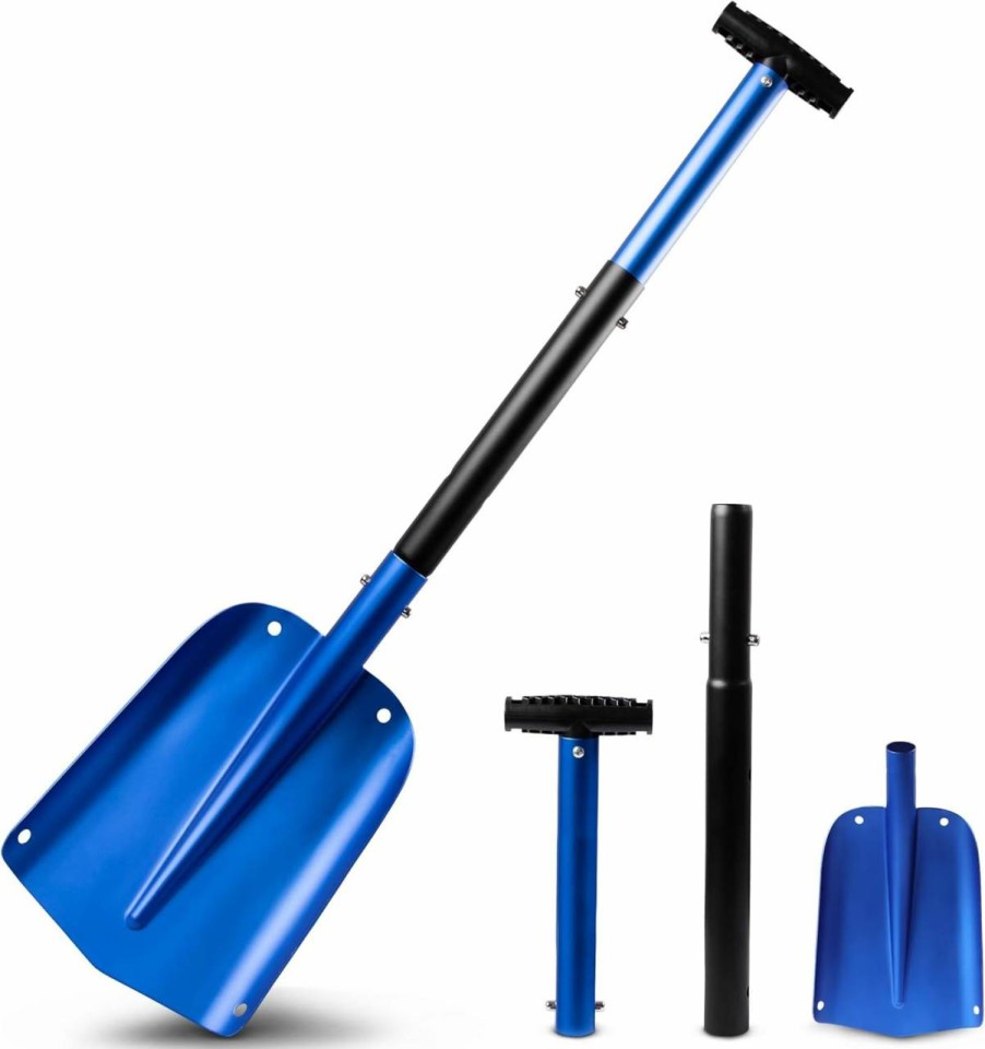 Snow Removal Tools EcoNour | Econour Snow Shovel For Car, 32\" Lightweight Aluminum Metal Car Snow Shovel, Heavy Duty Portable Shovel For Easy Snow Removal, Detachable 3-Piece Foldable Shovel For Car, Home, Garden, Driveway (Blue)