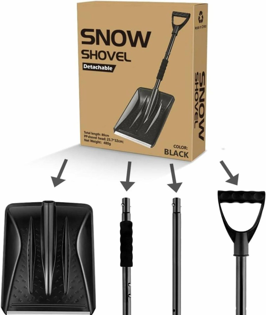 Snow Removal Tools PLACHIDAY | Snow Shovel, 2024 New Upgrade Large-Capacity Lightweight Aluminum Portable Snow Shovel, Parent-Child Playing Snow Shovel, Shovel For Garden, Car, Camping With Extra Ice Scrape(Black)