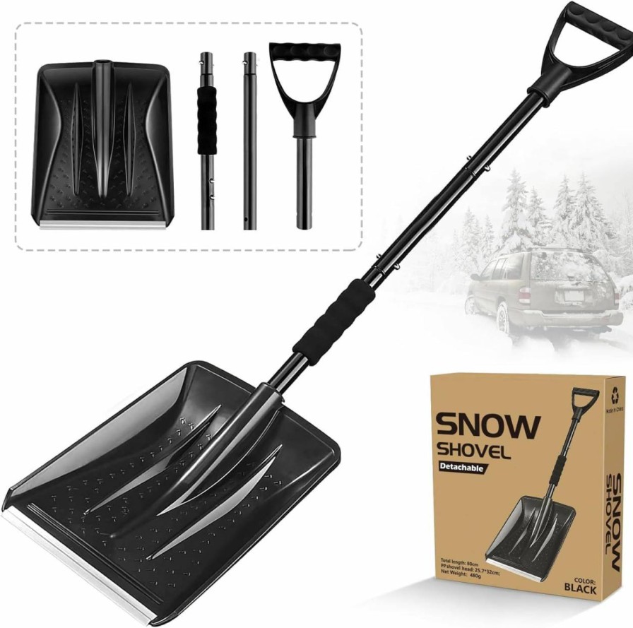 Snow Removal Tools Showvigor | Snow Shovel For Car Driveway, 2024 New Upgrade Snow Shovels For Snow Removal, Lightweight Portable Adjustable Large Capacity Shovel Perfect For Garden, Camping, Snowman Playing And Emergency(Black)