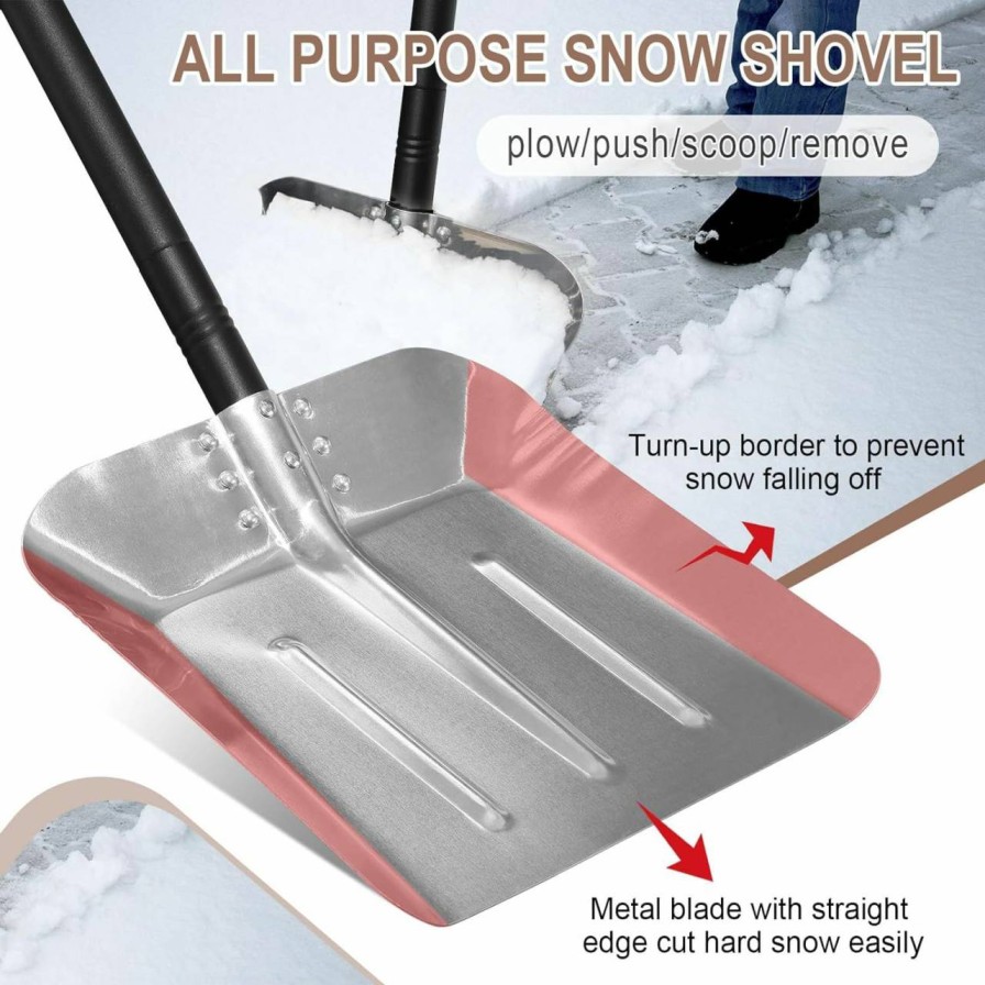 Snow Removal Tools Wefaith | Metal Snow Shovel For Driveway - Heavy Duty Ergonomic Snow Shovels For Snow Ice Removal - 48\" Long Handle X 13.3\" Wide Blade,Large Scoop - Portable Square Snow Shovel For Car