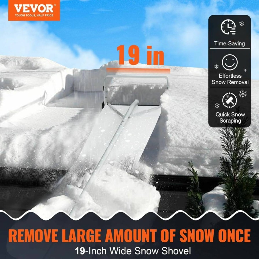 Snow Removal Tools VEVOR | Vevor Snow Roof Rake, 30Ft Reach Aluminium Roof Shovel With Slide Cloth, Premium 19\" Blade Snow Removal Tool, Safe On Roof With Roll Wheels, Anti-Slip Handle, Use For House Roof, Car Snow, Wet Leaves