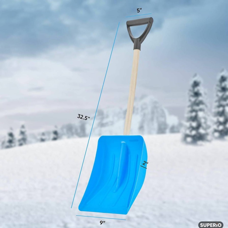 Snow Removal Tools Superio | Superio Small Snow Shovel For Car Portable Snow Shovel For Driveway Snow Removal Compact Scooper Shovel Snow Pusher For Stairs 9\" Heavy Duty Plastic Blade With Wood Handle 34\" (Blue)