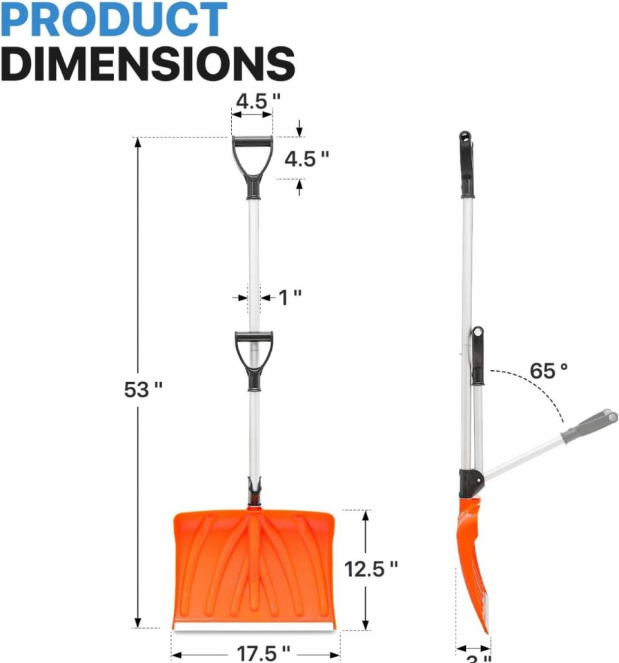 Snow Removal Tools MoNiBloom | Monibloom Ergonomic Snow Shovel Garage Snow Removal With Back-Saving Fore-Grip, 17.5 Inch X 12.5 Inch Blade With Aluminum Edge, Wide Snow Shovel For Doorway Sidewalk And Deck, Orange