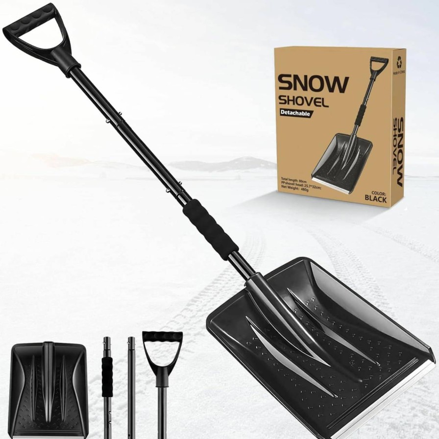 Snow Removal Tools PLACHIDAY | Snow Shovel, 2024 New Upgrade Large-Capacity Lightweight Aluminum Portable Snow Shovel, Parent-Child Playing Snow Shovel, Shovel For Garden, Car, Camping With Extra Ice Scrape(Black)