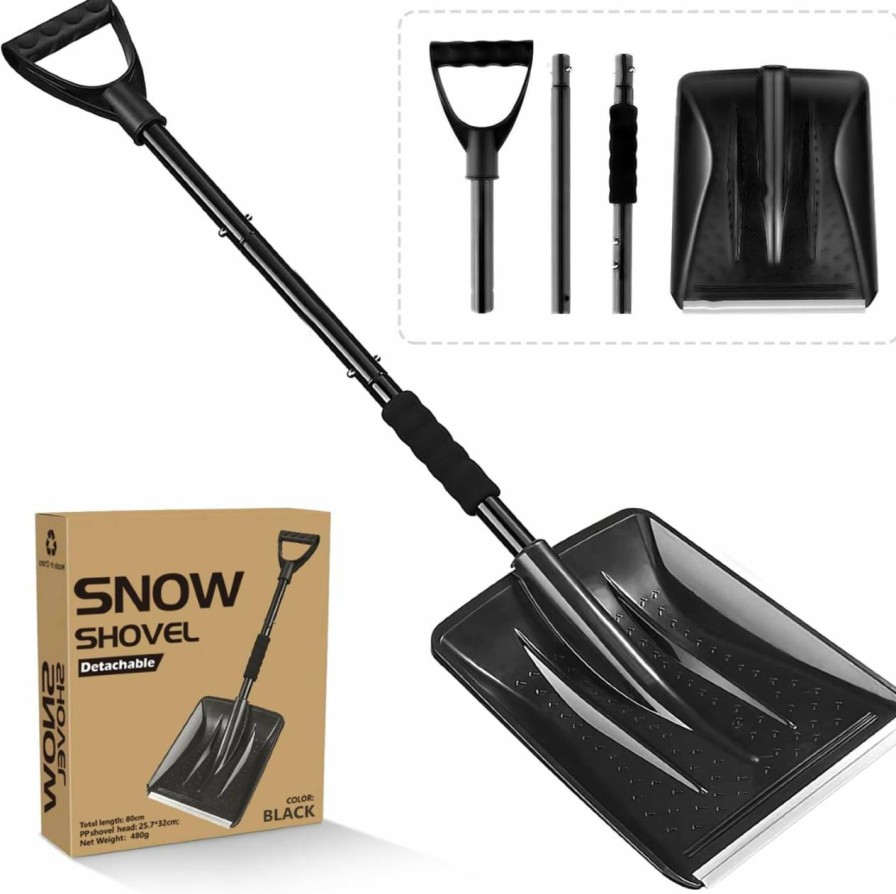 Snow Removal Tools UMUACCAN | Snow Shovel, New Winter Snow Removal Tool, Detachable Three-Part Adjustable Long Handle, Large Capacity Black Lightweight Portable Sport Utility Shovel For Driveway Car, Aluminum Camping Snow Shovel