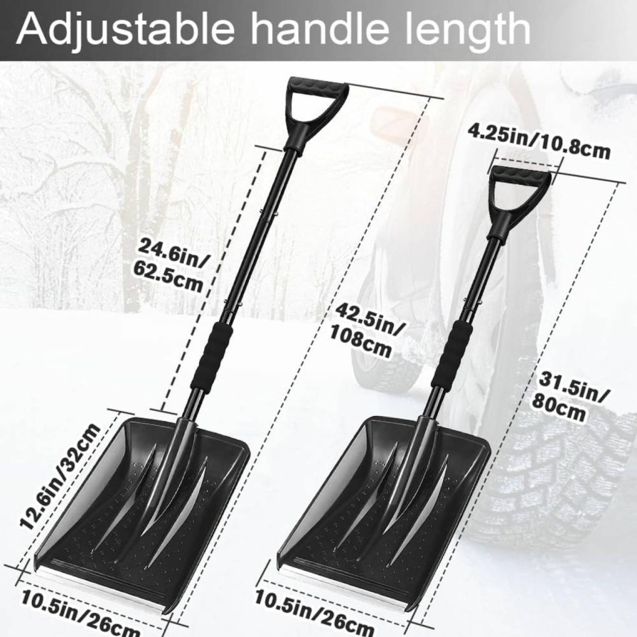 Snow Removal Tools UMUACCAN | Snow Shovel, New Winter Snow Removal Tool, Detachable Three-Part Adjustable Long Handle, Large Capacity Black Lightweight Portable Sport Utility Shovel For Driveway Car, Aluminum Camping Snow Shovel