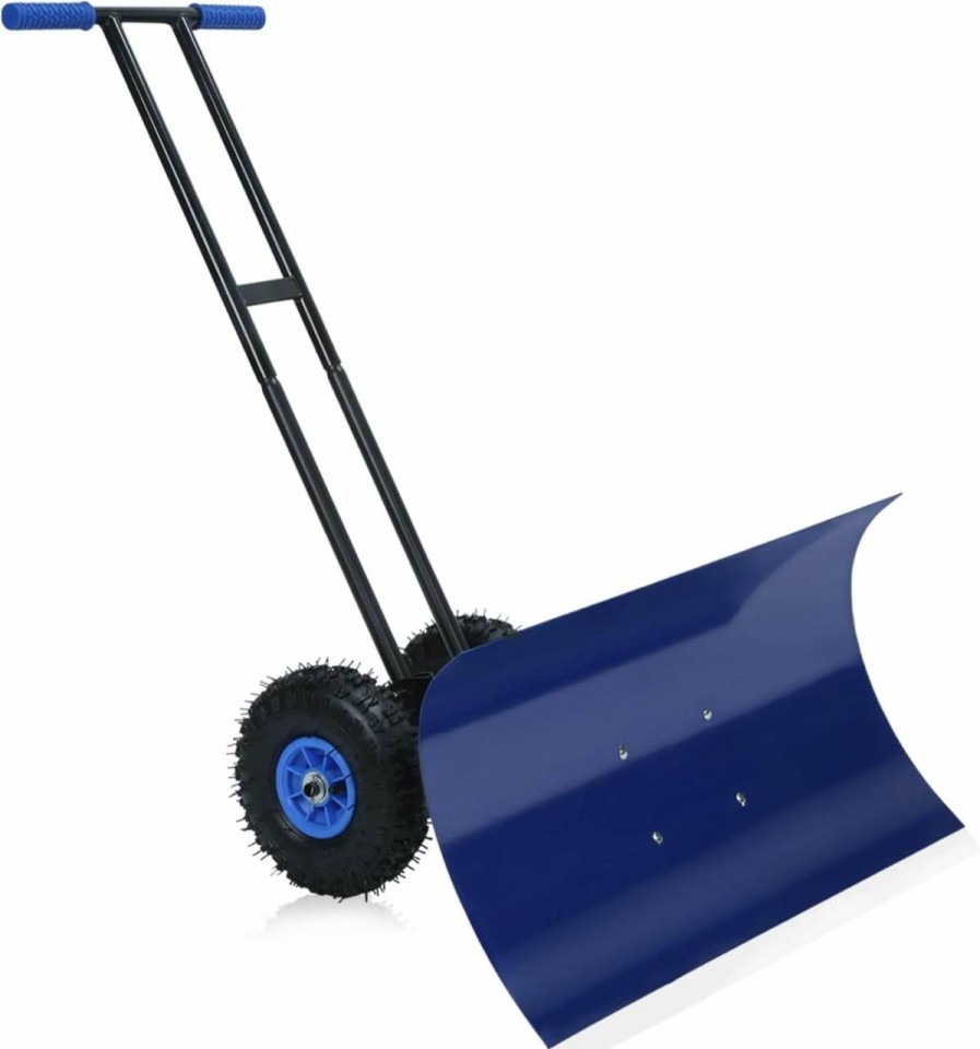 Snow Removal Tools TOPGRIL | Topgril 30 Inch Snow Pusher, 2024 Upgraded Metal Snow Shovel, Snow Removal Instrument, With Wheels, For Driveway Adjustable Wheeled, Doorway, And Sidewalks (Blue)