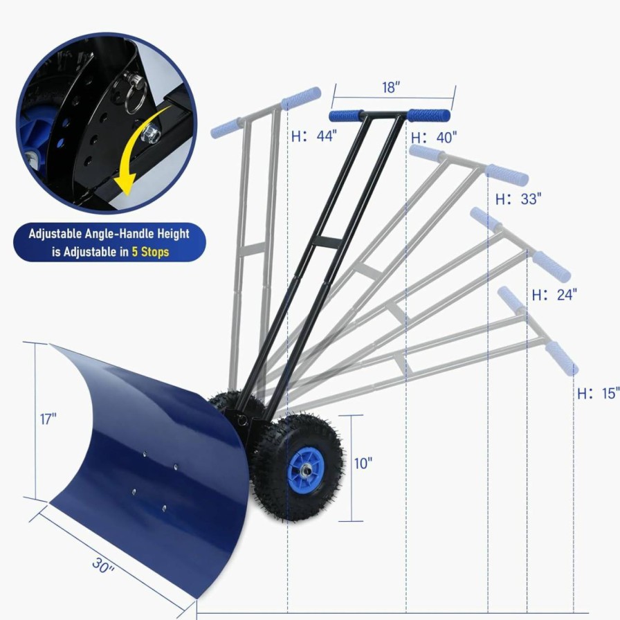 Snow Removal Tools TOPGRIL | Topgril 30 Inch Snow Pusher, 2024 Upgraded Metal Snow Shovel, Snow Removal Instrument, With Wheels, For Driveway Adjustable Wheeled, Doorway, And Sidewalks (Blue)